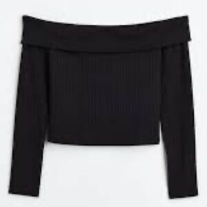 Privacy Please Black Ribbed Off Shoulder Crop Top